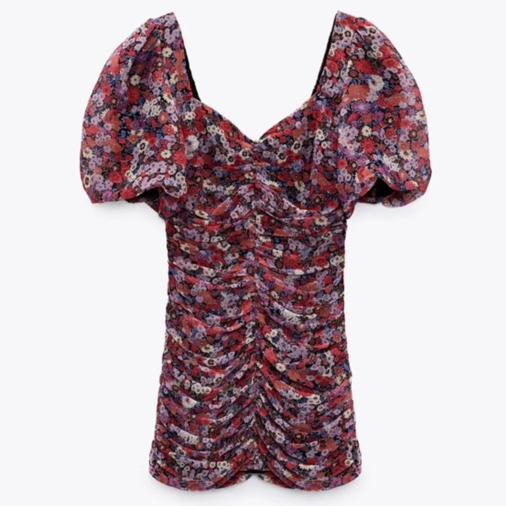 Zara Floral Ruched Puff Sleeve Date Night Ladies Night Party Mini Zip Dress
